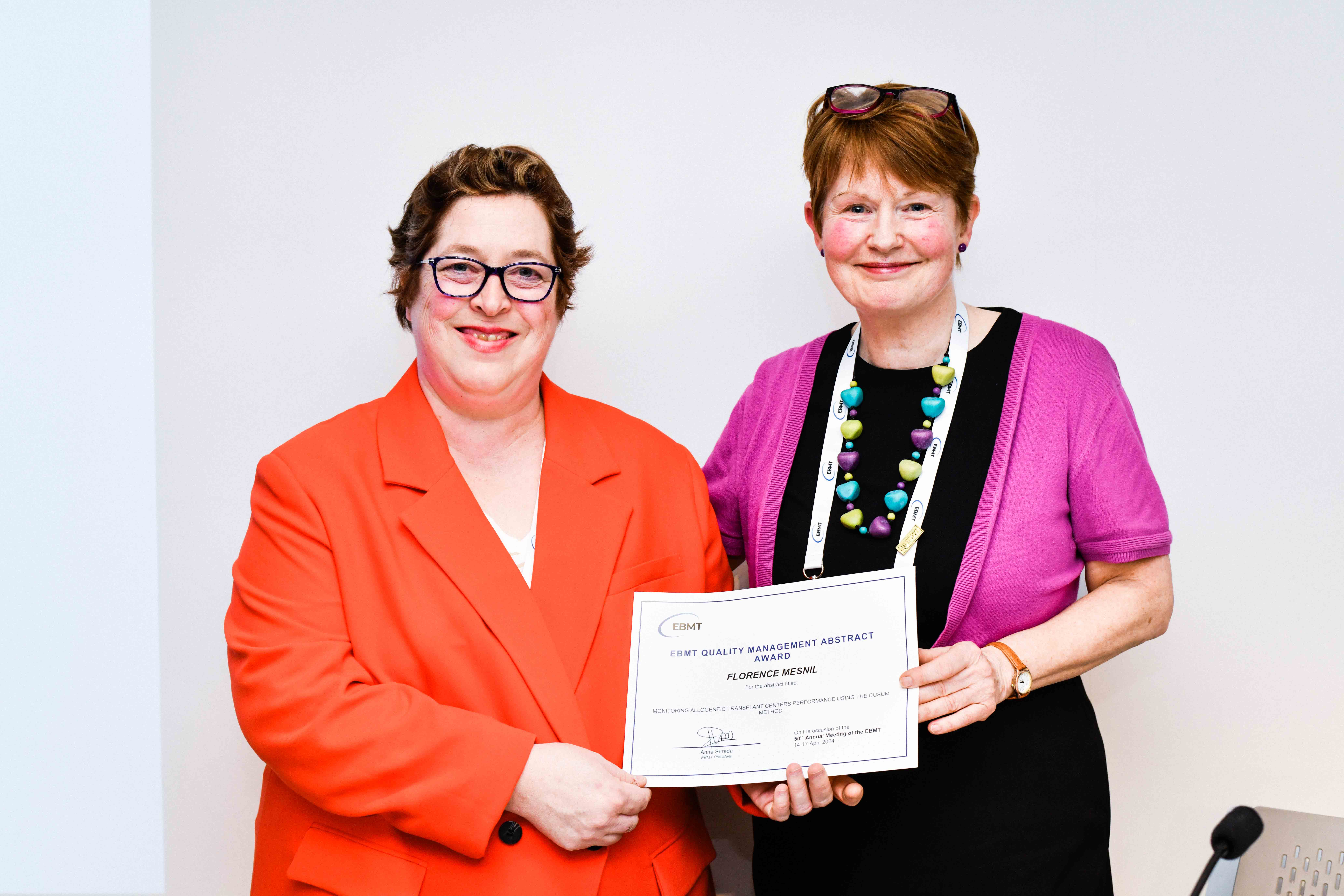 EBMT 2024 Best Quality Management Abstract Award Florence Mesnil & Lynn Manson