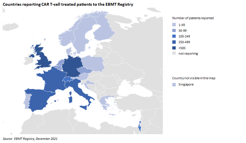 Countries reporting CAR T-cell treated patients to the EBMT registry - December 2021 with Singapore