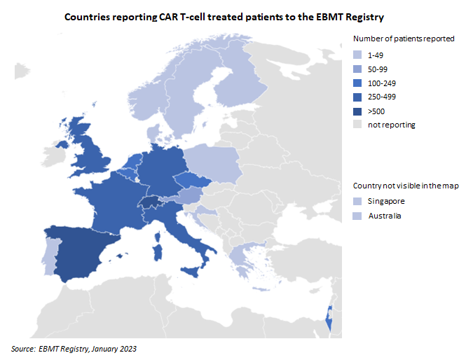 Countries reporting CAR T-cell treated patients to the EBMT registry - January 2023