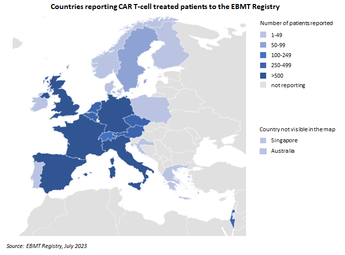 Countries reporting CAR T-cell treated patients to the EBMT registry - July 2023