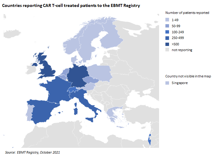 Countries reporting CAR T-cell treated patients to the EBMT registry - October 2021 with Singapore