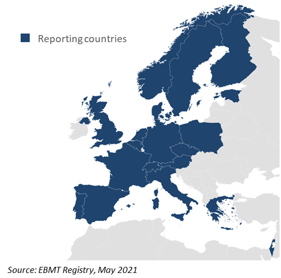 Countries reporting CAR-T cell treated patients to the EBMT registry - May 2021